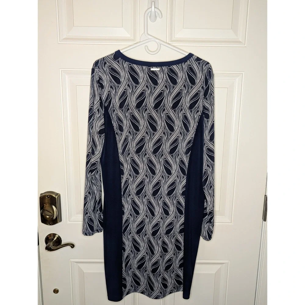Michael Kors Dress Navy Blue White Shift Paisley Stretch Long Sleeve Size XL